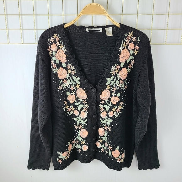 Work In Progress Sweaters - Work In Progress Embroidered Pearl Beaded Vintage Grandma Cardigan Sweater